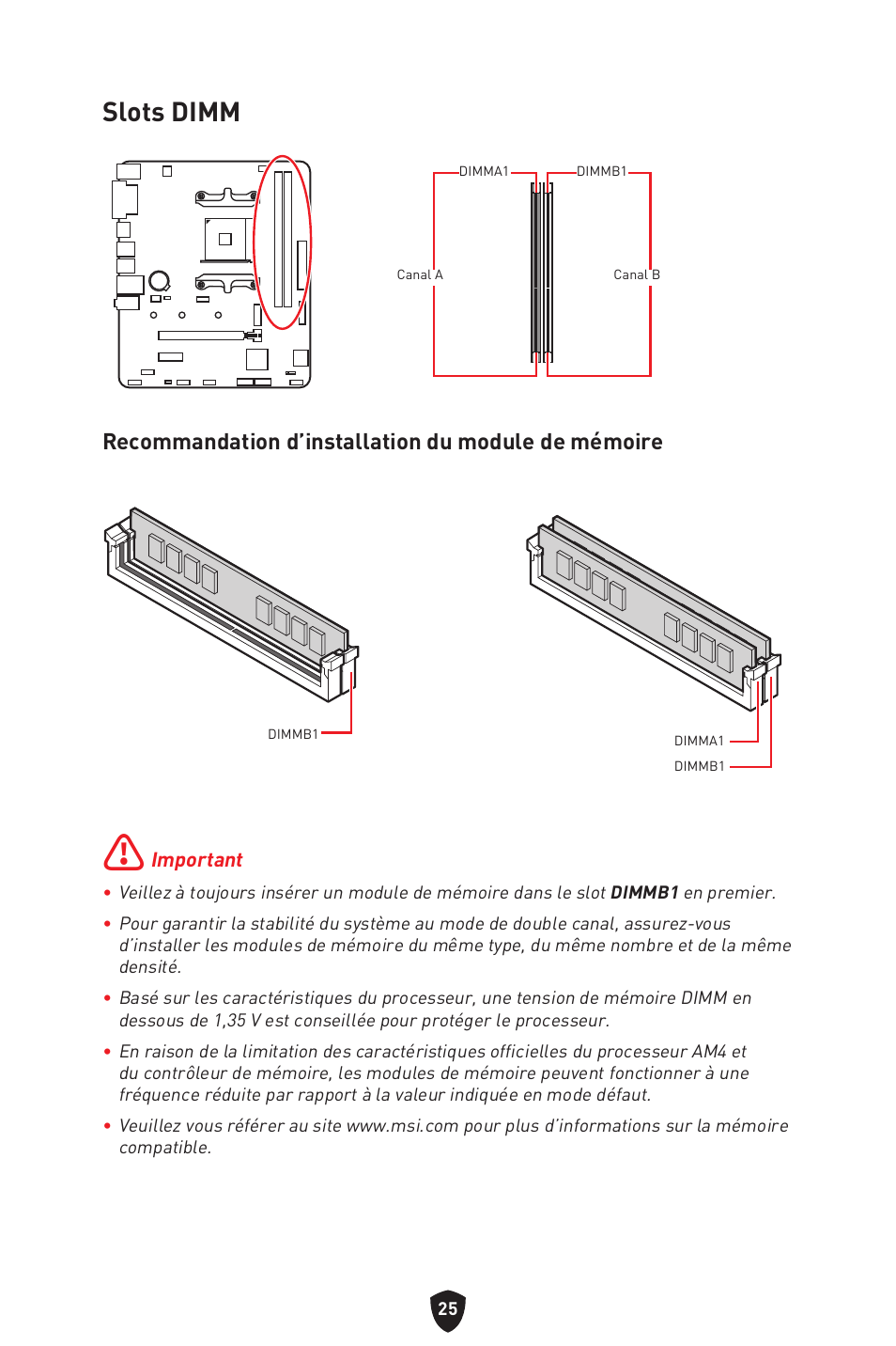 Slots dimm, Recommandation d’installation du module de mémoire | MSI B450M-A PRO MAX II Micro-ATX Motherboard User Manual | Page 115 / 362