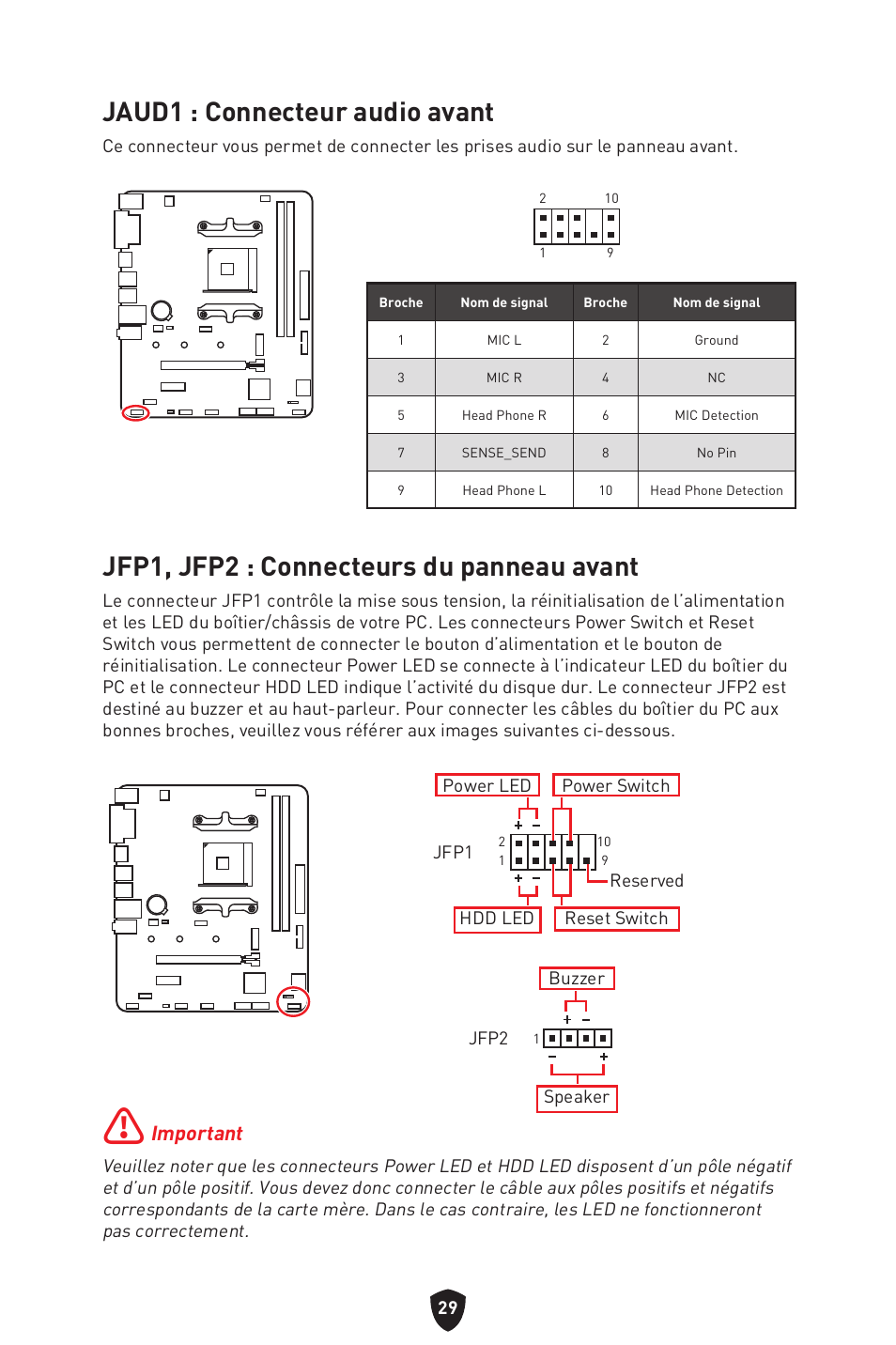 Jaud1 : connecteur audio avant, Jfp1, jfp2 : connecteurs du panneau avant, Important | MSI B450M-A PRO MAX II Micro-ATX Motherboard User Manual | Page 119 / 362