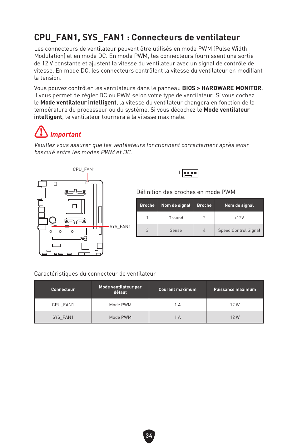 Cpu_fan1, sys_fan1 : connecteurs de ventilateur | MSI B450M-A PRO MAX II Micro-ATX Motherboard User Manual | Page 124 / 362