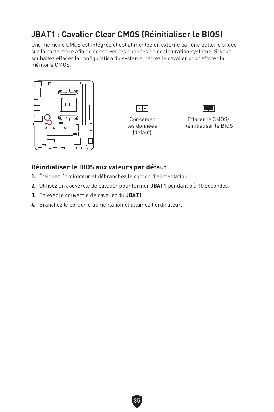 Réinitialiser le bios aux valeurs par défaut | MSI B450M-A PRO MAX II Micro-ATX Motherboard User Manual | Page 125 / 362