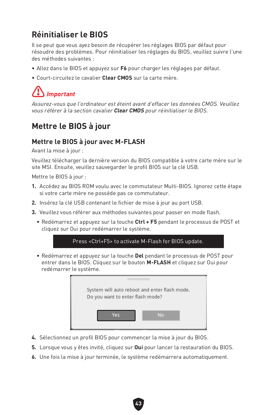 Réinitialiser le bios, Mettre le bios à jour, Réinitialiser le bios mettre le bios à jour | Mettre le bios à jour avec m-flash | MSI B450M-A PRO MAX II Micro-ATX Motherboard User Manual | Page 133 / 362