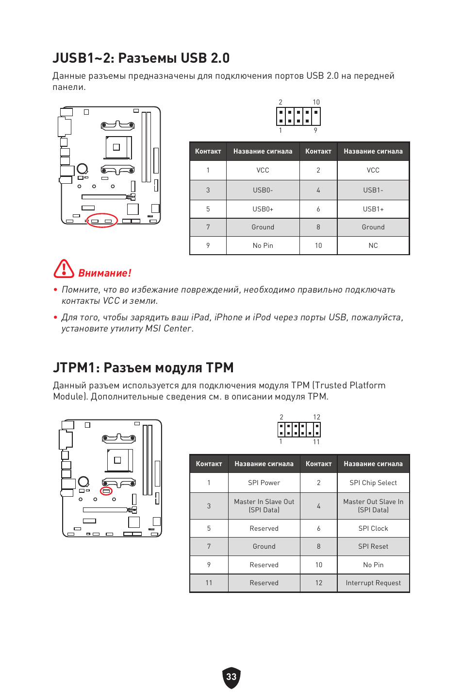 Jusb1~2: разъемы usb 2.0, Jtpm1: разъем модуля трм, Внимание | MSI B450M-A PRO MAX II Micro-ATX Motherboard User Manual | Page 167 / 362