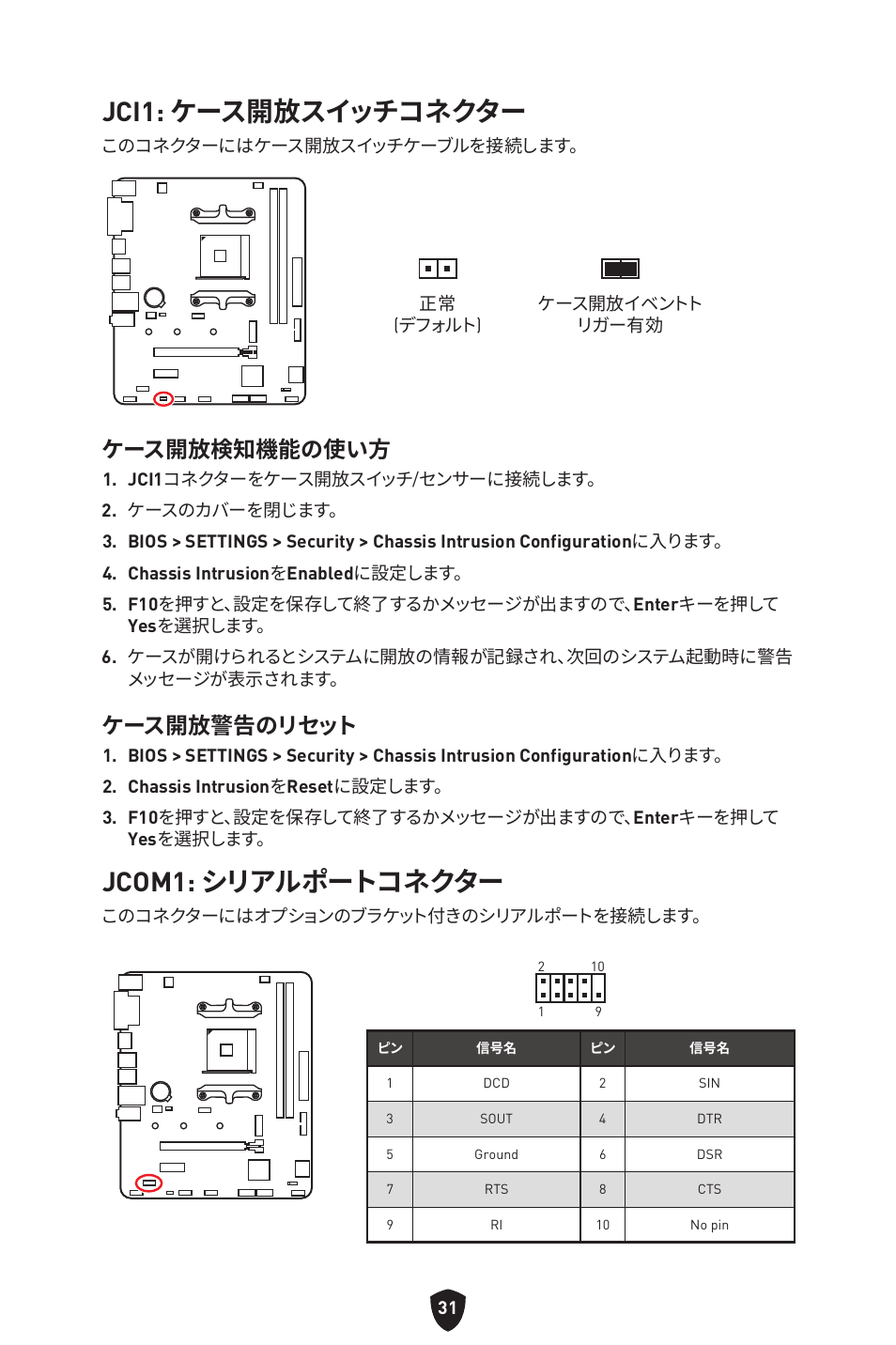 Jci1: ケース開放スイッチコネクター, Jcom1: シリアルポートコネクター, ケース開放検知機能の使い方 | ケース開放警告のリセット | MSI B450M-A PRO MAX II Micro-ATX Motherboard User Manual | Page 209 / 362