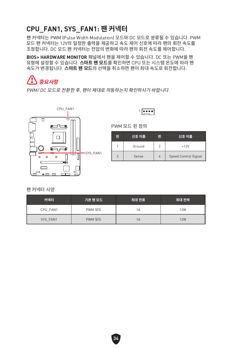Cpu_fan1, sys_fan1: 팬 커넥터, 중요사항 | MSI B450M-A PRO MAX II Micro-ATX Motherboard User Manual | Page 256 / 362