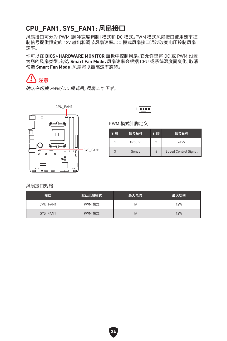 Cpu_fan1, sys_fan1: 风扇接口 | MSI B450M-A PRO MAX II Micro-ATX Motherboard User Manual | Page 344 / 362