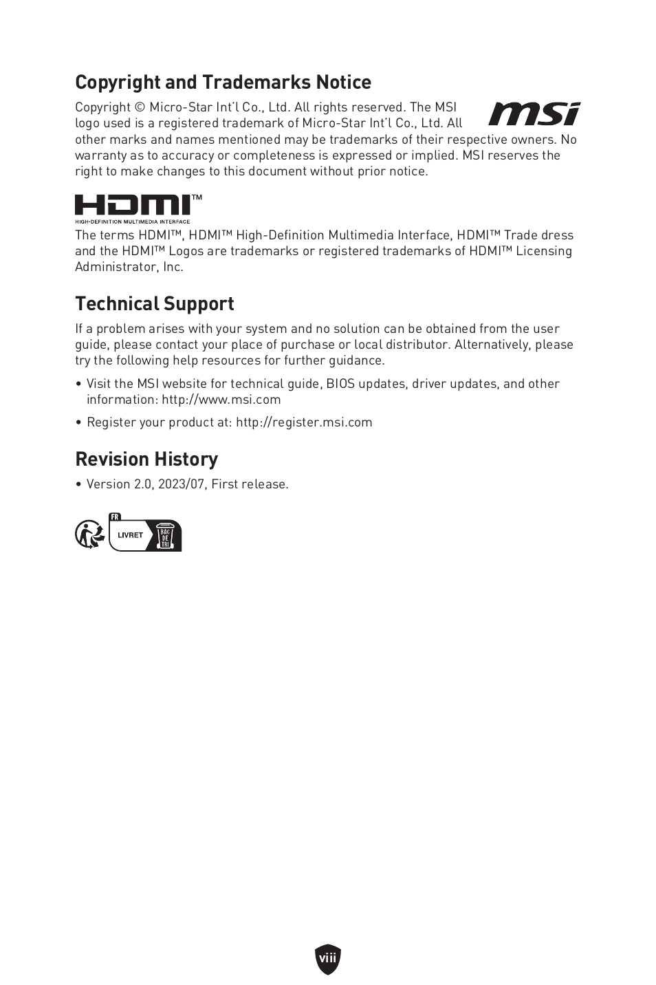 Copyright and trademarks notice, Technical support, Revision history | MSI B450M-A PRO MAX II Micro-ATX Motherboard User Manual | Page 362 / 362