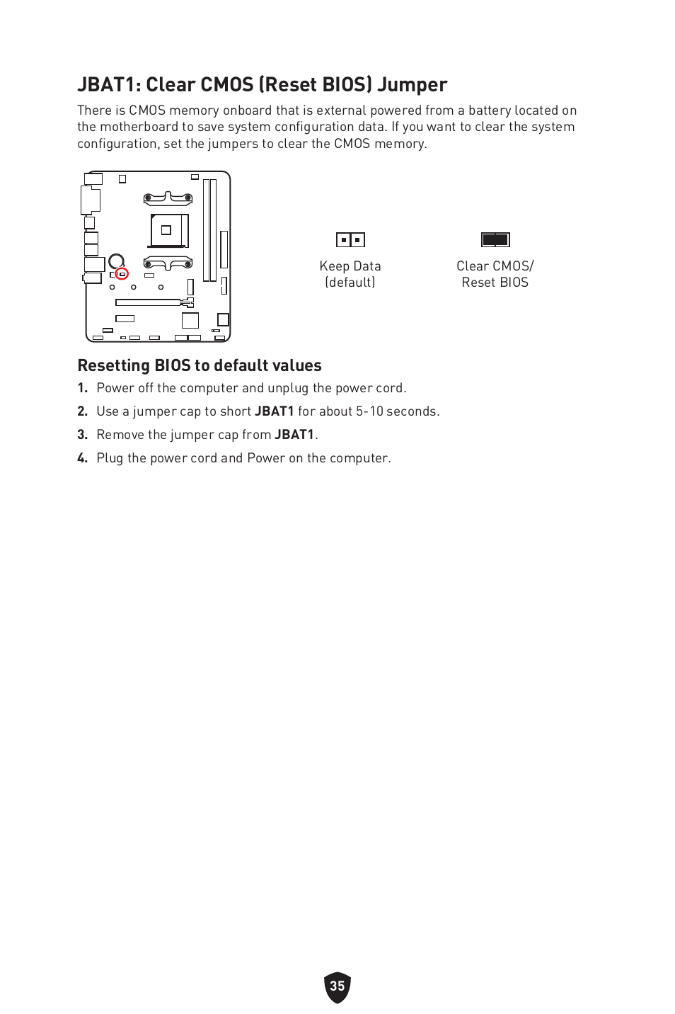 Jbat1: clear cmos (reset bios) jumper, Resetting bios to default values | MSI B450M-A PRO MAX II Micro-ATX Motherboard User Manual | Page 37 / 362