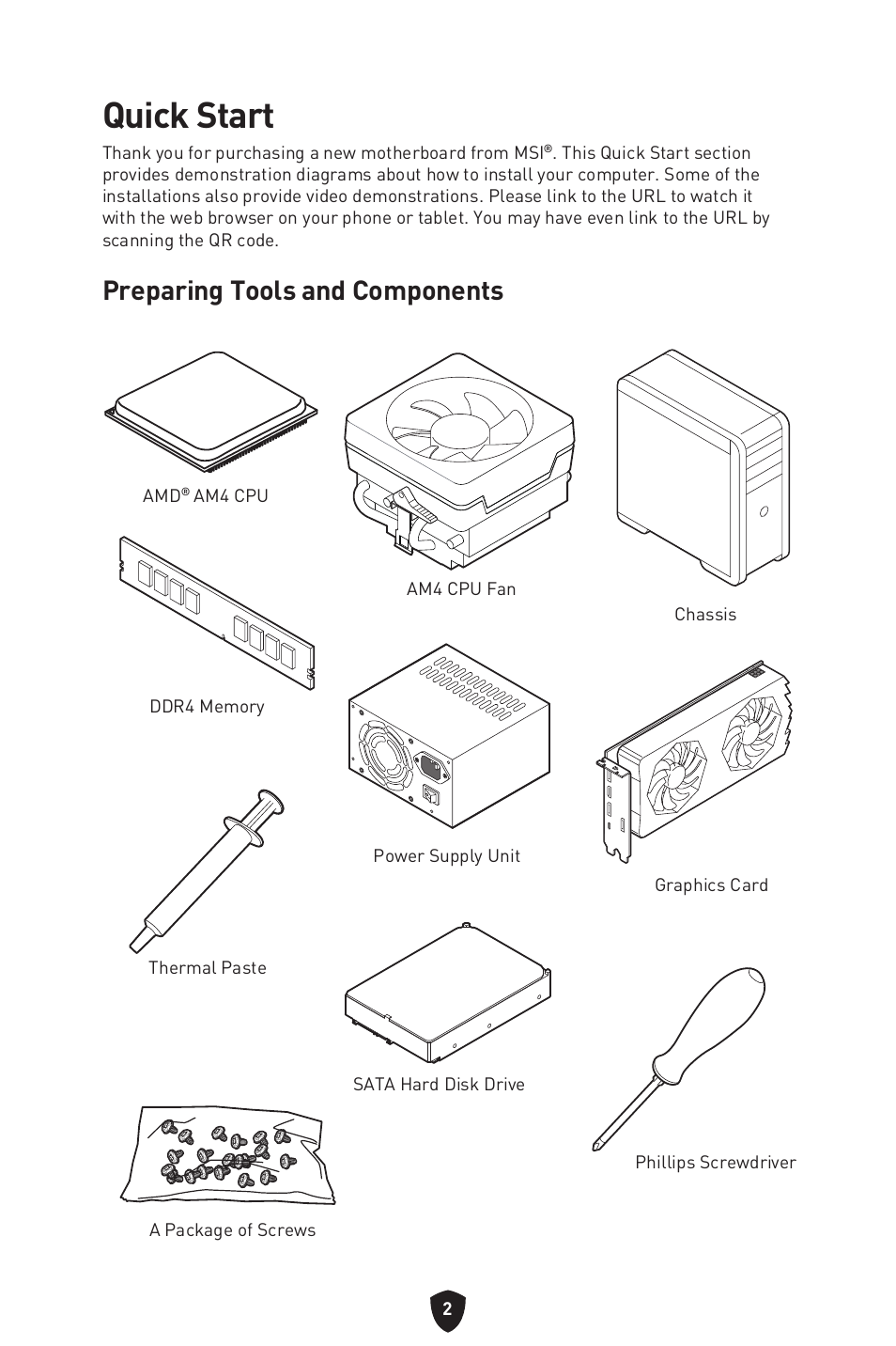 Quick start, Preparing tools and components | MSI B450M-A PRO MAX II Micro-ATX Motherboard User Manual | Page 4 / 362
