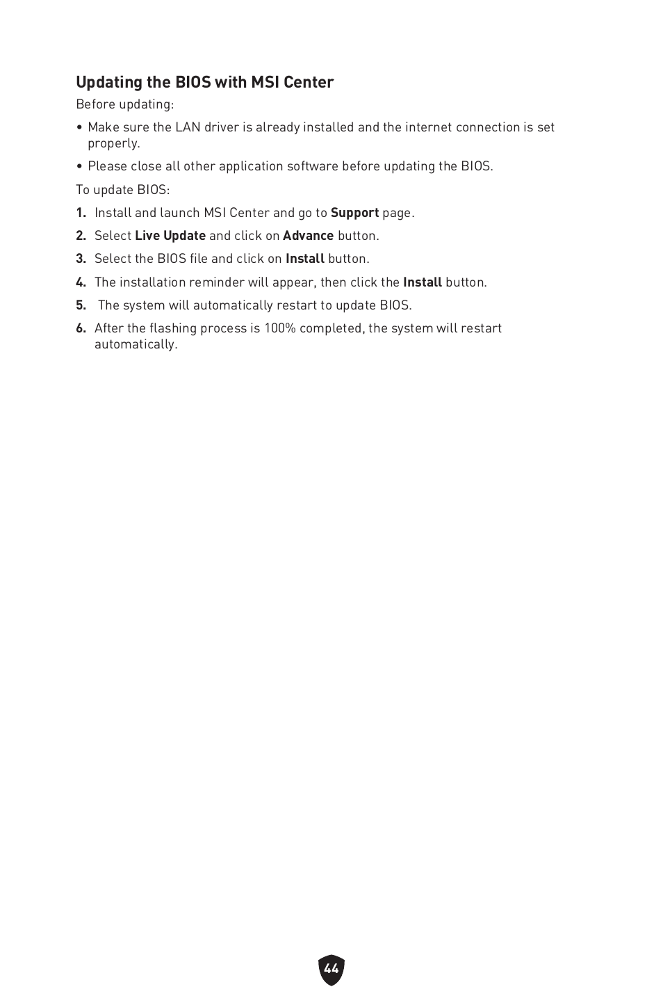 Updating the bios with msi center | MSI B450M-A PRO MAX II Micro-ATX Motherboard User Manual | Page 46 / 362