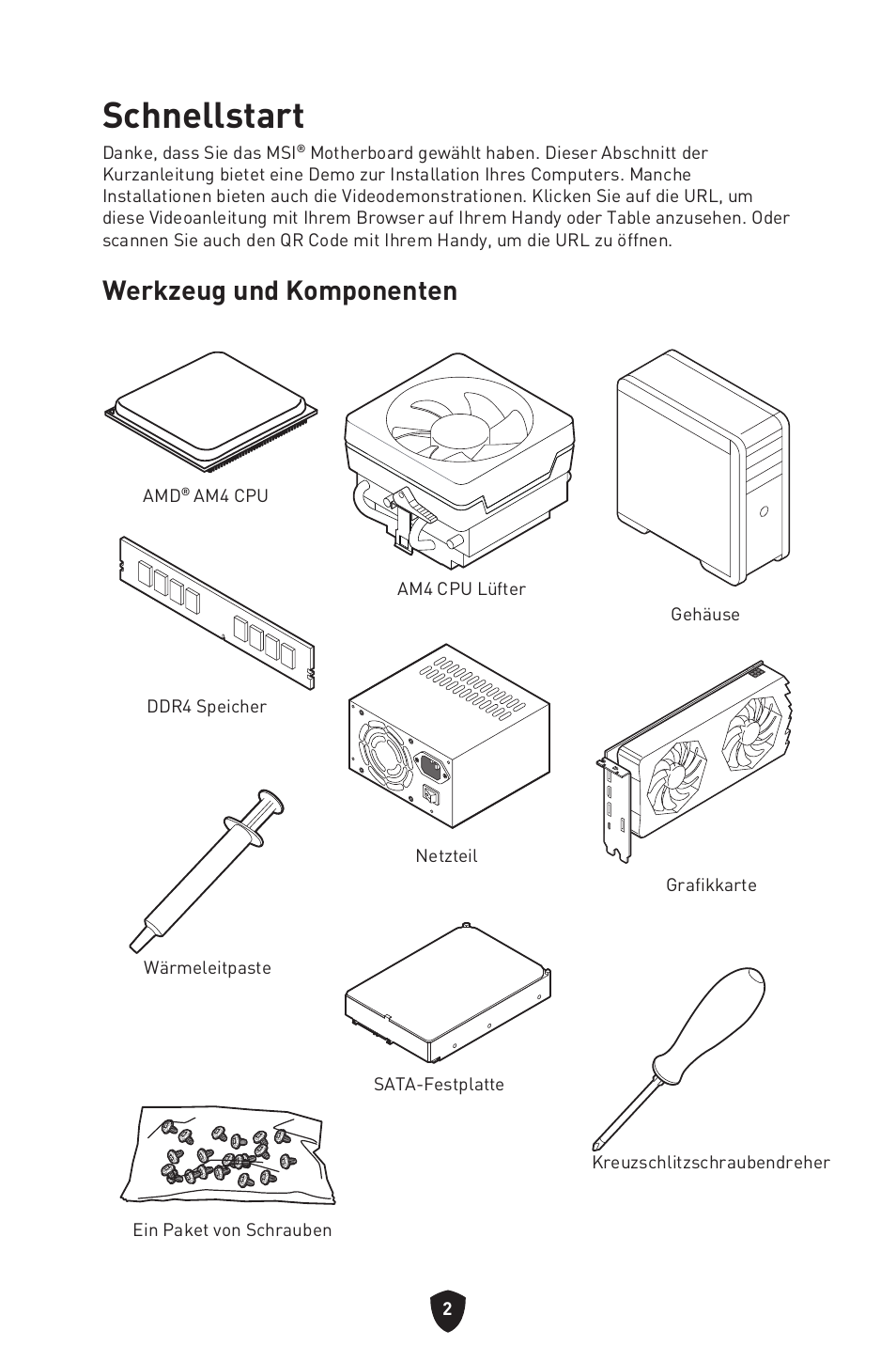 Schnellstart, Werkzeug und komponenten | MSI B450M-A PRO MAX II Micro-ATX Motherboard User Manual | Page 48 / 362