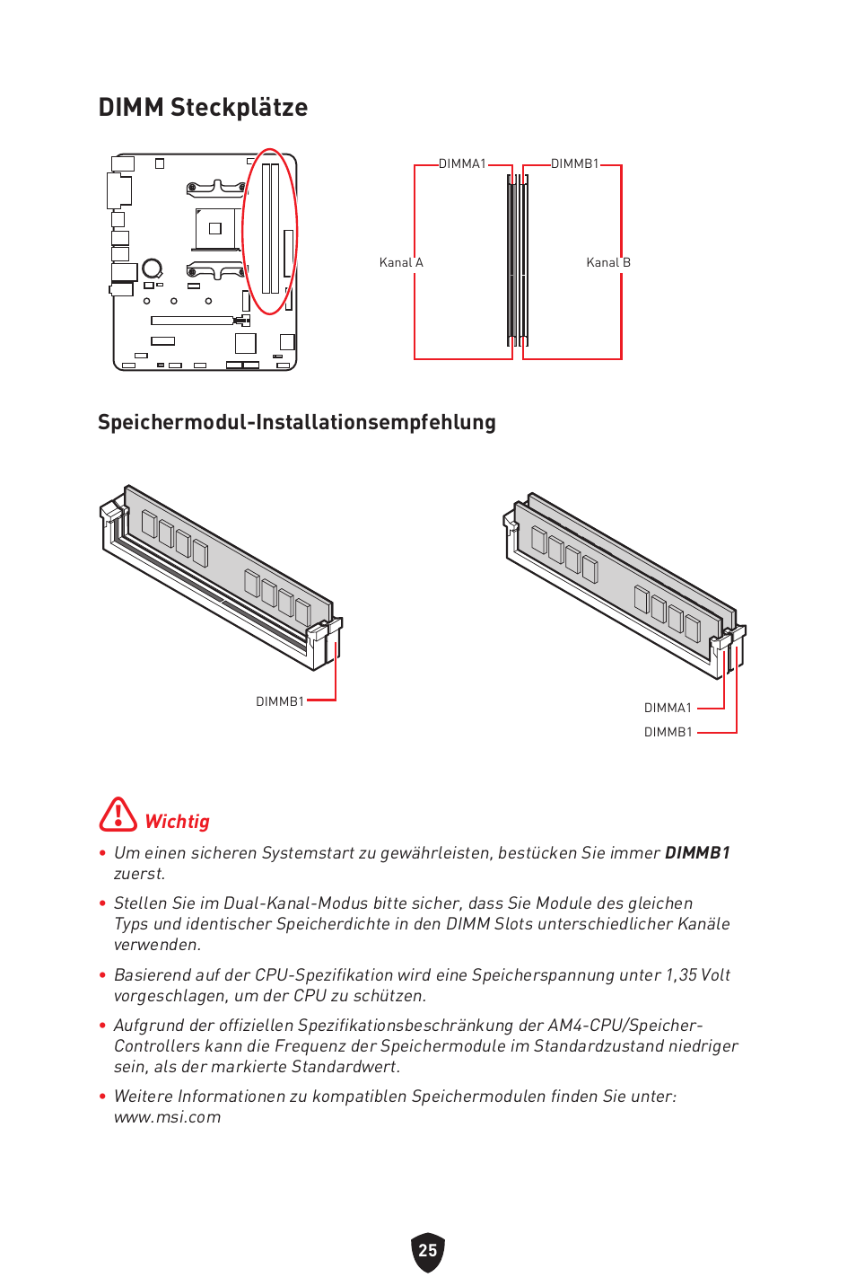 Dimm steckplätze, Speichermodul-installationsempfehlung | MSI B450M-A PRO MAX II Micro-ATX Motherboard User Manual | Page 71 / 362