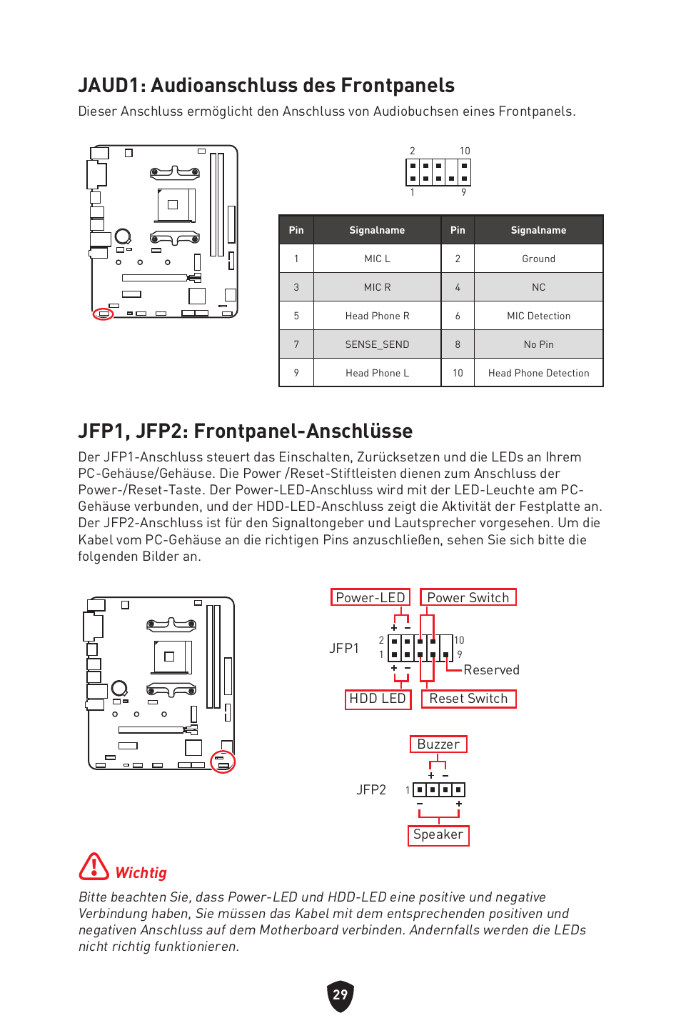 Jaud1: audioanschluss des frontpanels, Jfp1, jfp2: frontpanel-anschlüsse, Wichtig | MSI B450M-A PRO MAX II Micro-ATX Motherboard User Manual | Page 75 / 362