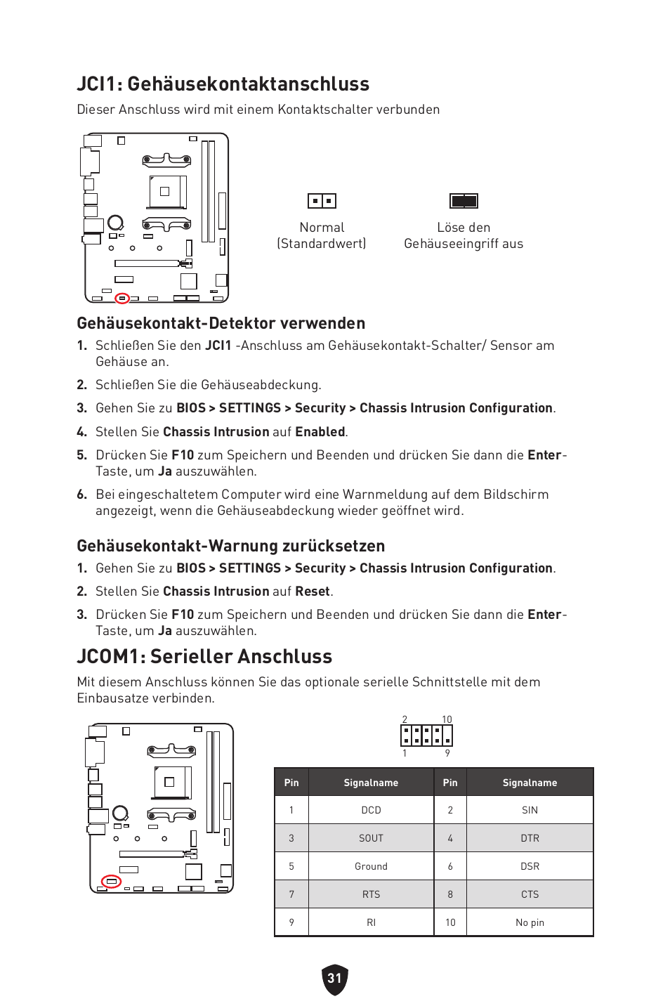 Jci1: gehäusekontaktanschluss, Jcom1: serieller anschluss, Gehäusekontakt-detektor verwenden | Gehäusekontakt-warnung zurücksetzen | MSI B450M-A PRO MAX II Micro-ATX Motherboard User Manual | Page 77 / 362
