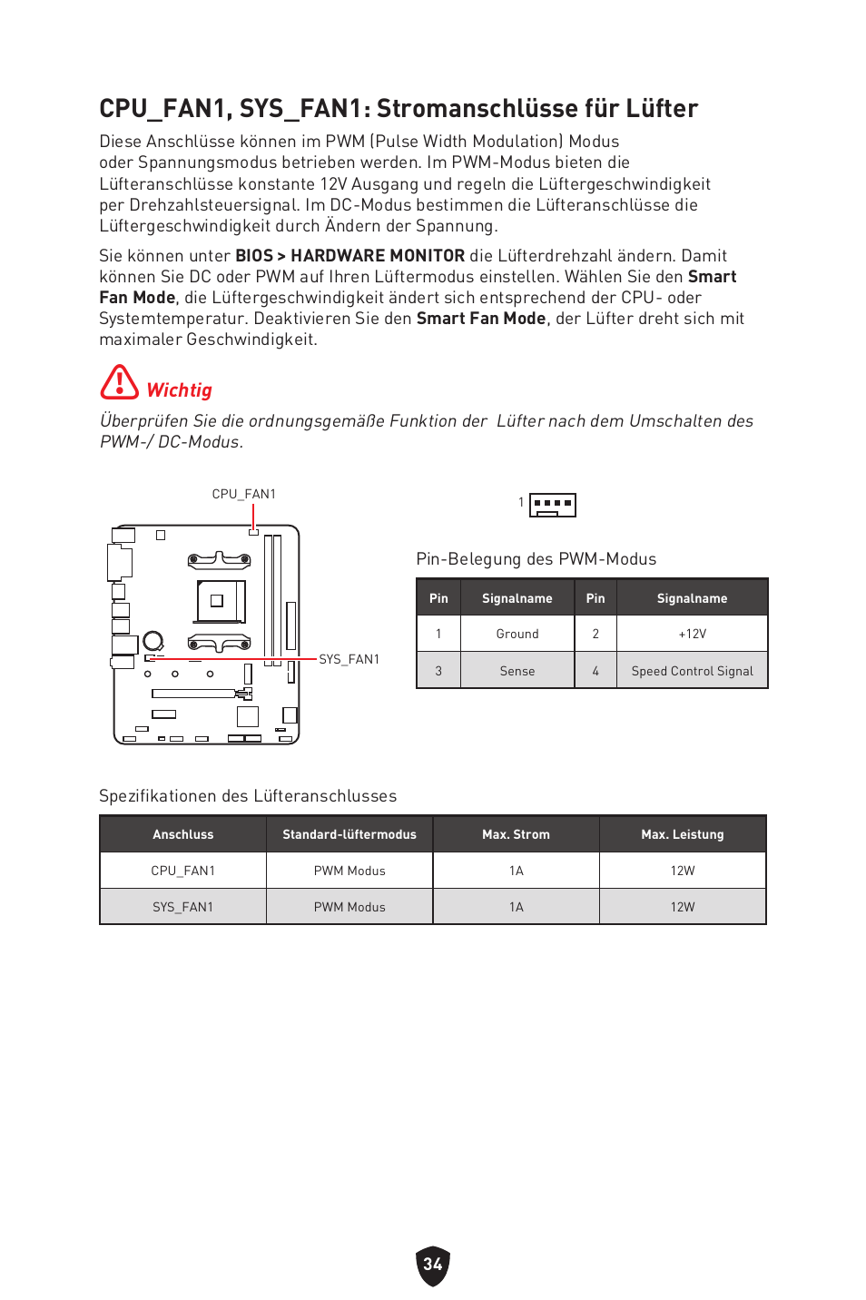 Cpu_fan1, sys_fan1: stromanschlüsse für lüfter | MSI B450M-A PRO MAX II Micro-ATX Motherboard User Manual | Page 80 / 362