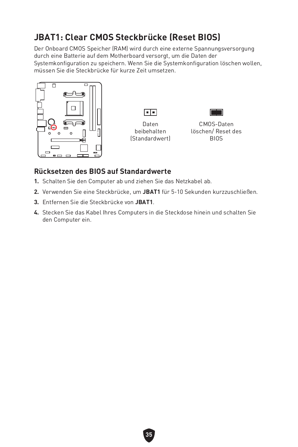Jbat1: clear cmos steckbrücke (reset bios), Rücksetzen des bios auf standardwerte | MSI B450M-A PRO MAX II Micro-ATX Motherboard User Manual | Page 81 / 362