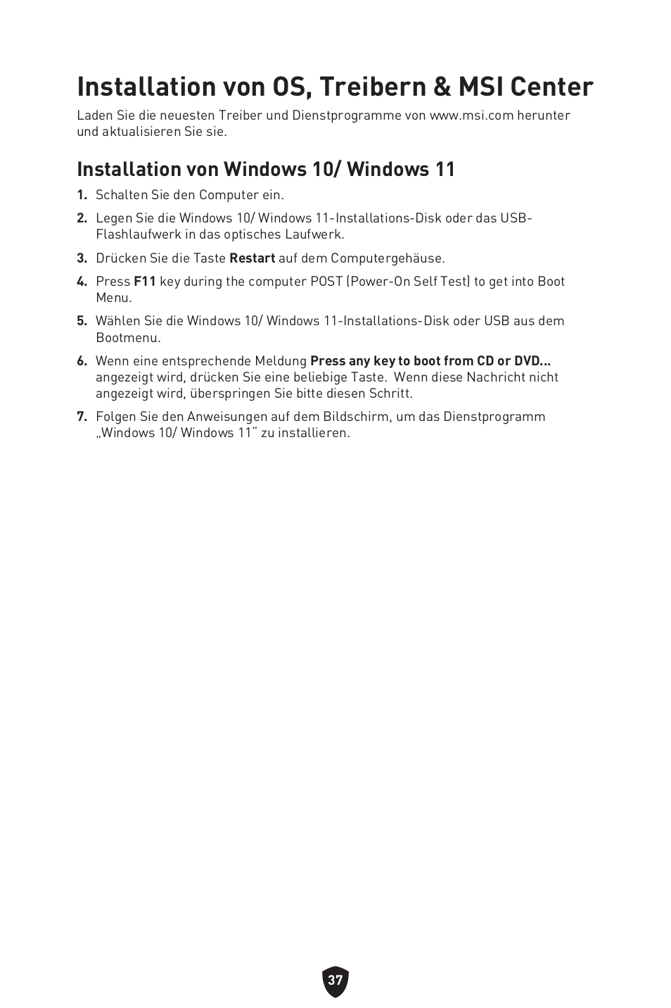Installation von os, treibern & msi center, Installation von windows 10/ windows 11 | MSI B450M-A PRO MAX II Micro-ATX Motherboard User Manual | Page 83 / 362