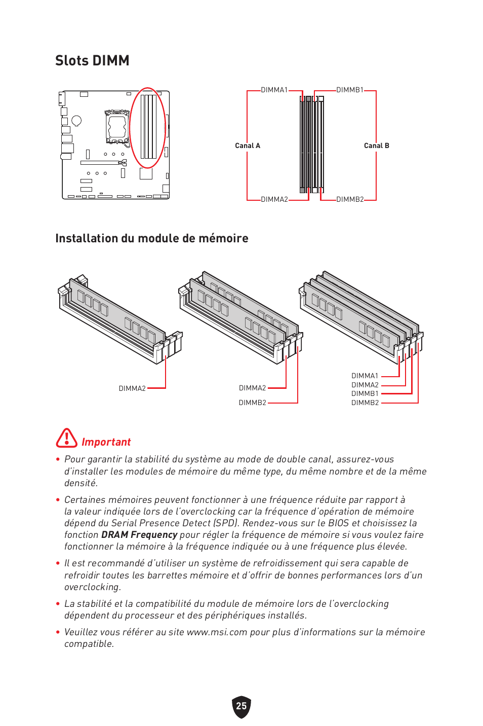 Slots dimm, Installation du module de mémoire | MSI PRO B760M-P DDR4 LGA 1700 Micro-ATX Motherboard User Manual | Page 121 / 386