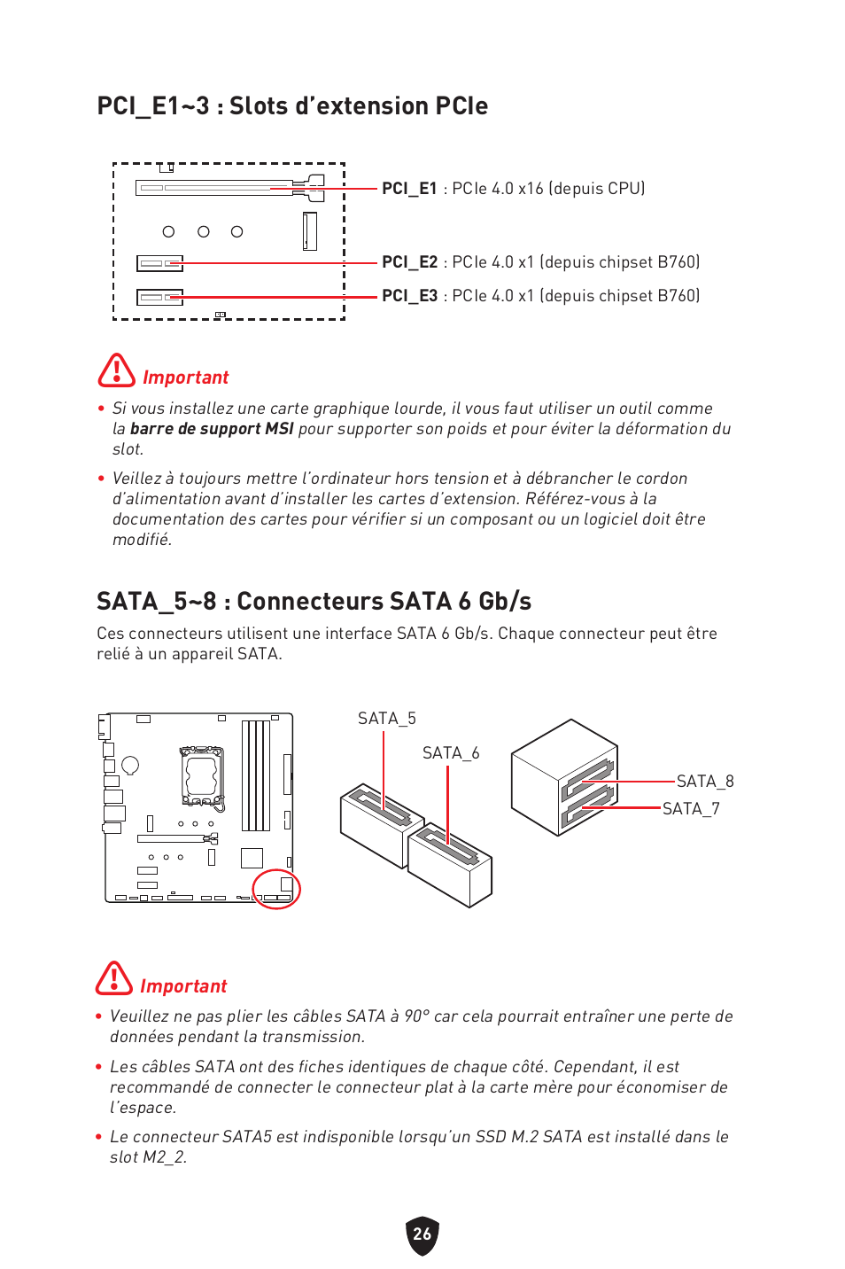 Pci_e1~3 : slots d’extension pcie, Sata_5~8 : connecteurs sata 6 gb/s | MSI PRO B760M-P DDR4 LGA 1700 Micro-ATX Motherboard User Manual | Page 122 / 386