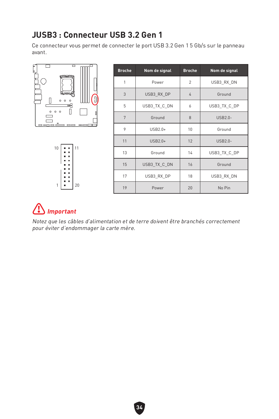 Jusb3 : connecteur usb 3.2 gen 1, Important | MSI PRO B760M-P DDR4 LGA 1700 Micro-ATX Motherboard User Manual | Page 130 / 386