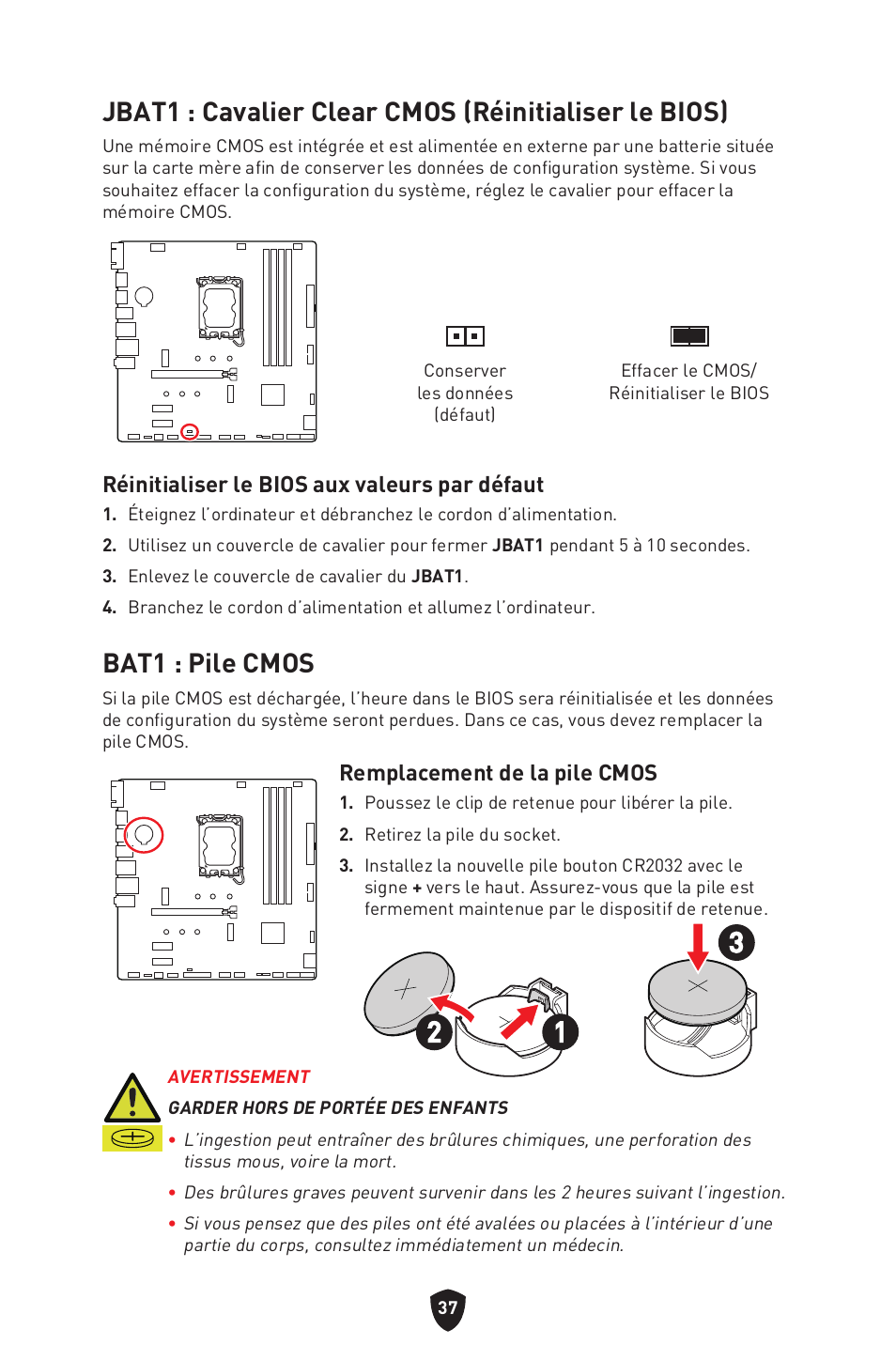 Bat1 : pile cmos, Réinitialiser le bios aux valeurs par défaut, Remplacement de la pile cmos | MSI PRO B760M-P DDR4 LGA 1700 Micro-ATX Motherboard User Manual | Page 133 / 386