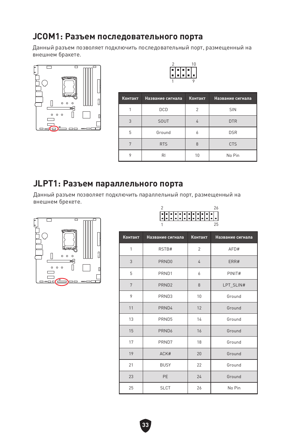 Jcom1: разъем последовательного порта, Jlpt1: разъем параллельного порта | MSI PRO B760M-P DDR4 LGA 1700 Micro-ATX Motherboard User Manual | Page 176 / 386