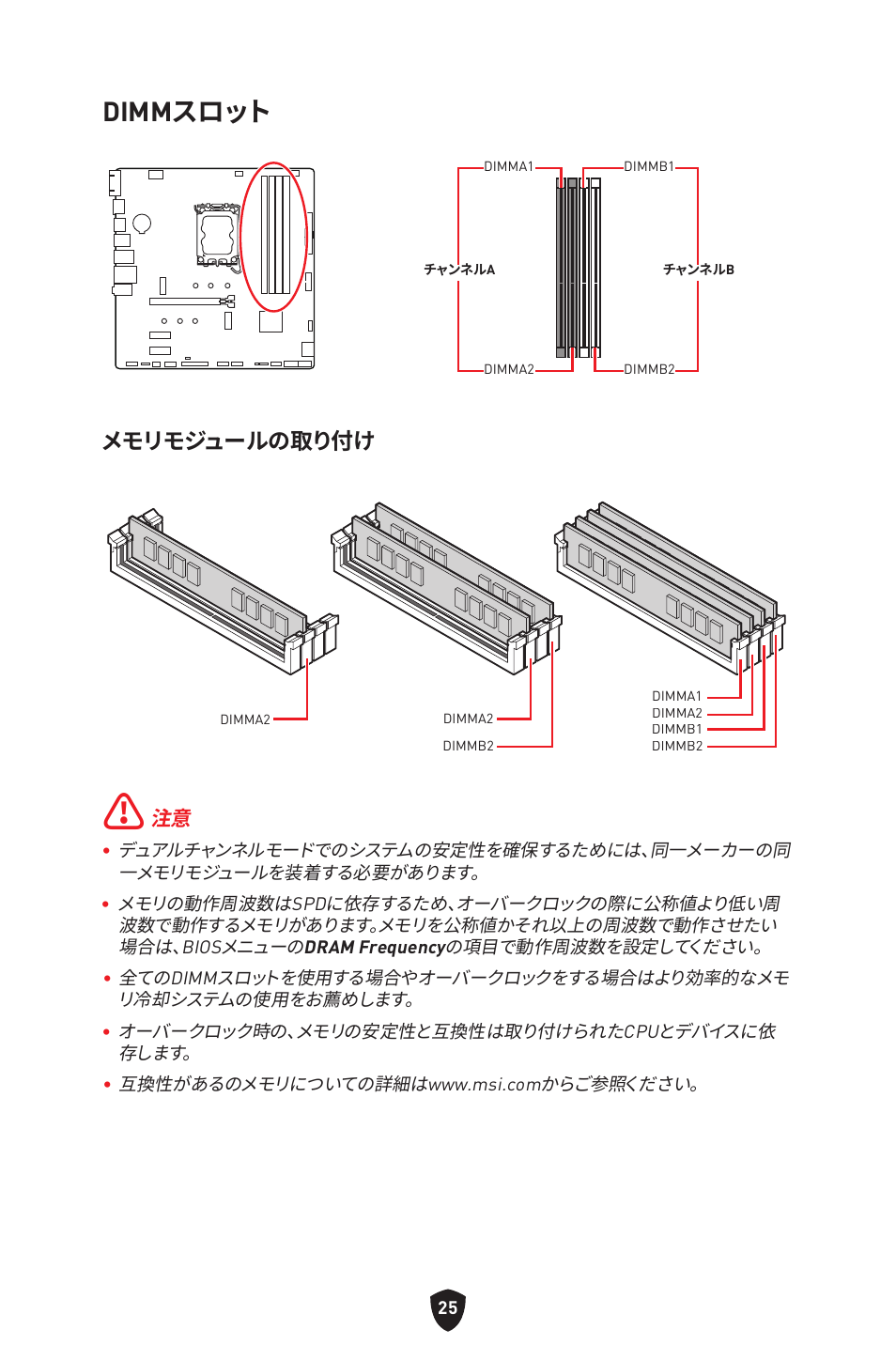 Dimmスロット, メモリモジュールの取り付け | MSI PRO B760M-P DDR4 LGA 1700 Micro-ATX Motherboard User Manual | Page 215 / 386