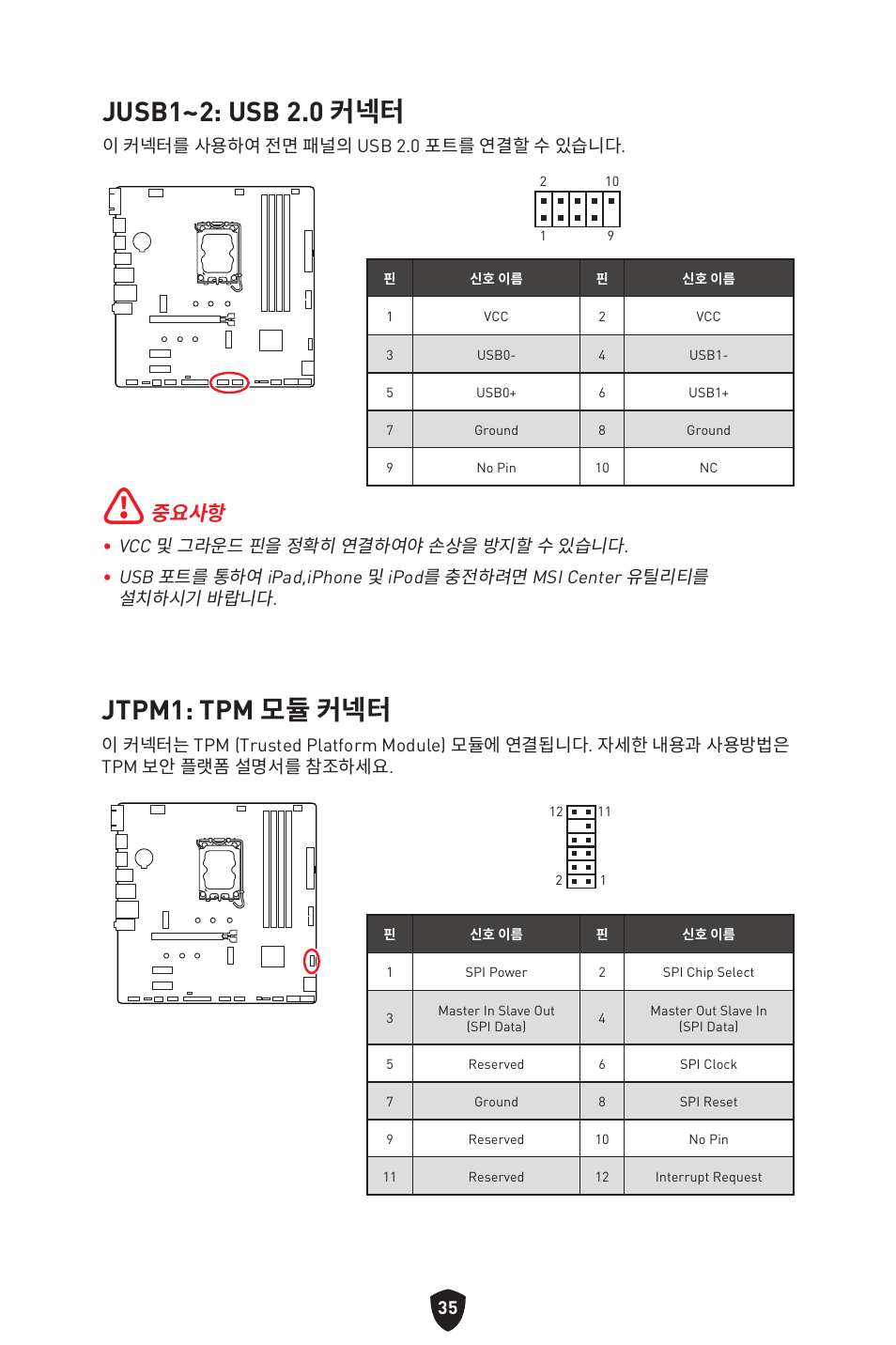Jusb1~2: usb 2.0 커넥터, Jtpm1: tpm 모듈 커넥터, 중요사항 | MSI PRO B760M-P DDR4 LGA 1700 Micro-ATX Motherboard User Manual | Page 272 / 386