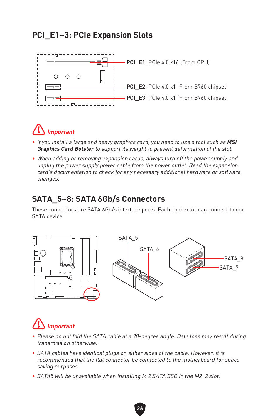 Pci_e1~3: pcie expansion slots, Sata_5~8: sata 6gb/s connectors | MSI PRO B760M-P DDR4 LGA 1700 Micro-ATX Motherboard User Manual | Page 28 / 386