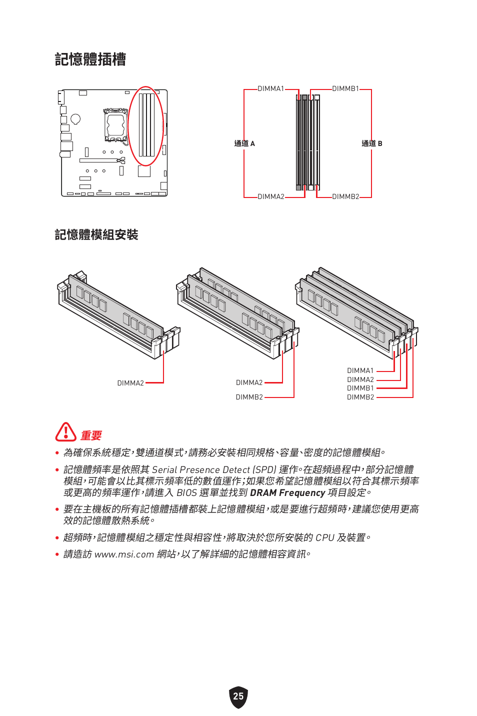 記憶體插槽, 記憶體模組安裝 | MSI PRO B760M-P DDR4 LGA 1700 Micro-ATX Motherboard User Manual | Page 309 / 386