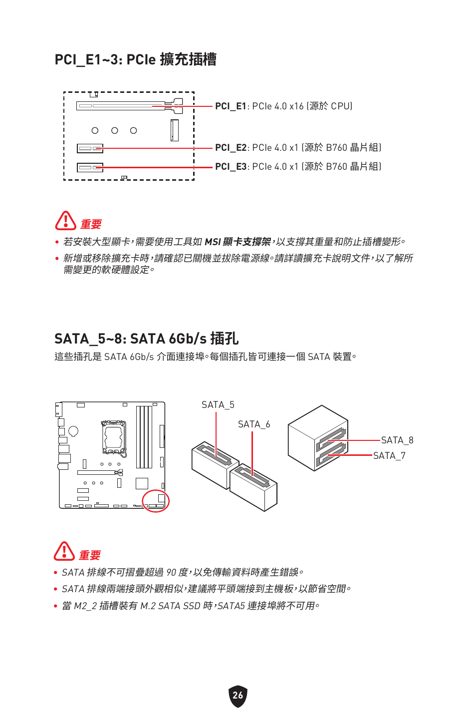 Pci_e1~3: pcie 擴充插槽, Sata_5~8: sata 6gb/s 插孔 | MSI PRO B760M-P DDR4 LGA 1700 Micro-ATX Motherboard User Manual | Page 310 / 386