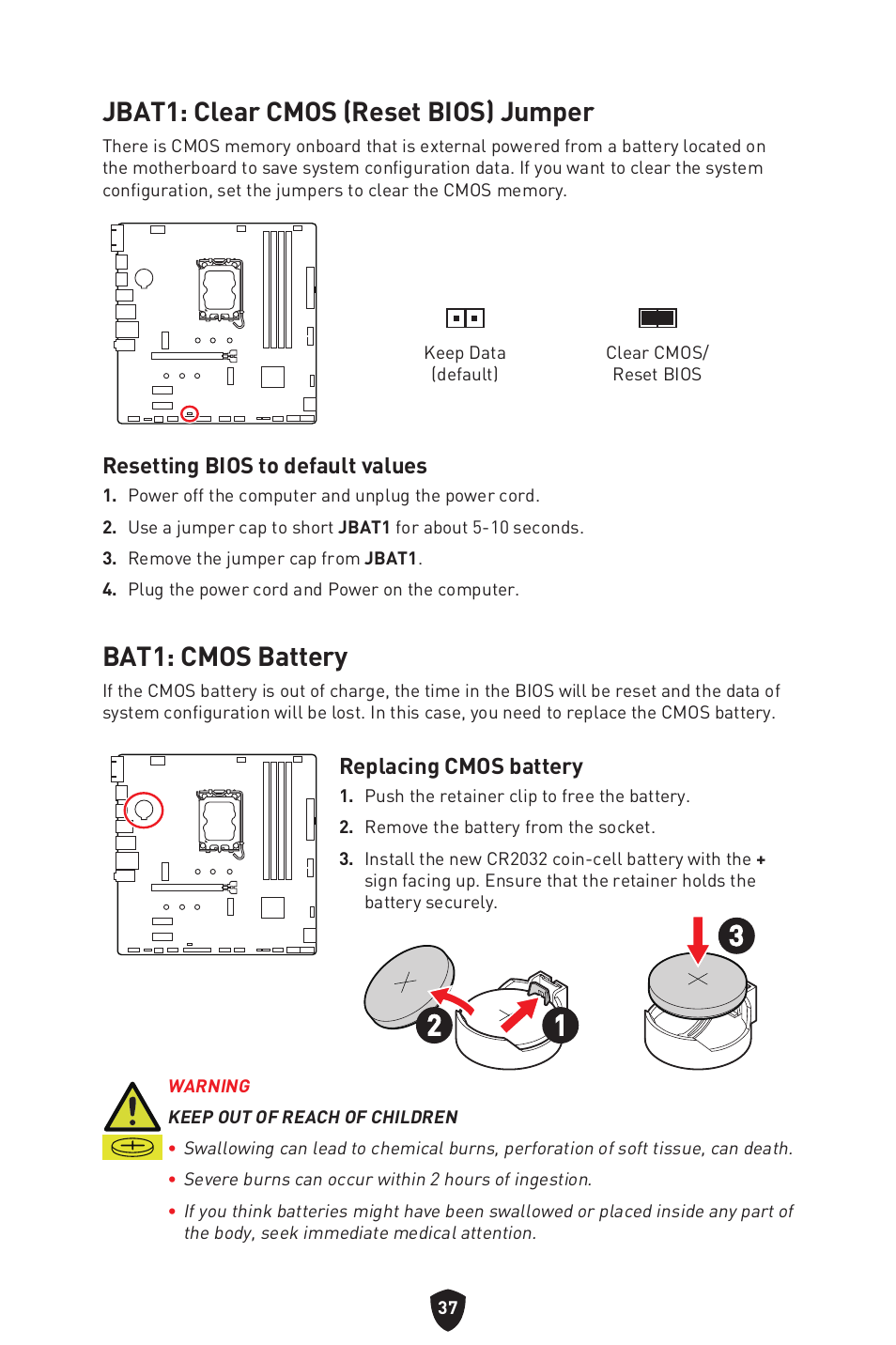 Jbat1: clear cmos (reset bios) jumper, Bat1: cmos battery, Resetting bios to default values | Replacing cmos battery | MSI PRO B760M-P DDR4 LGA 1700 Micro-ATX Motherboard User Manual | Page 39 / 386