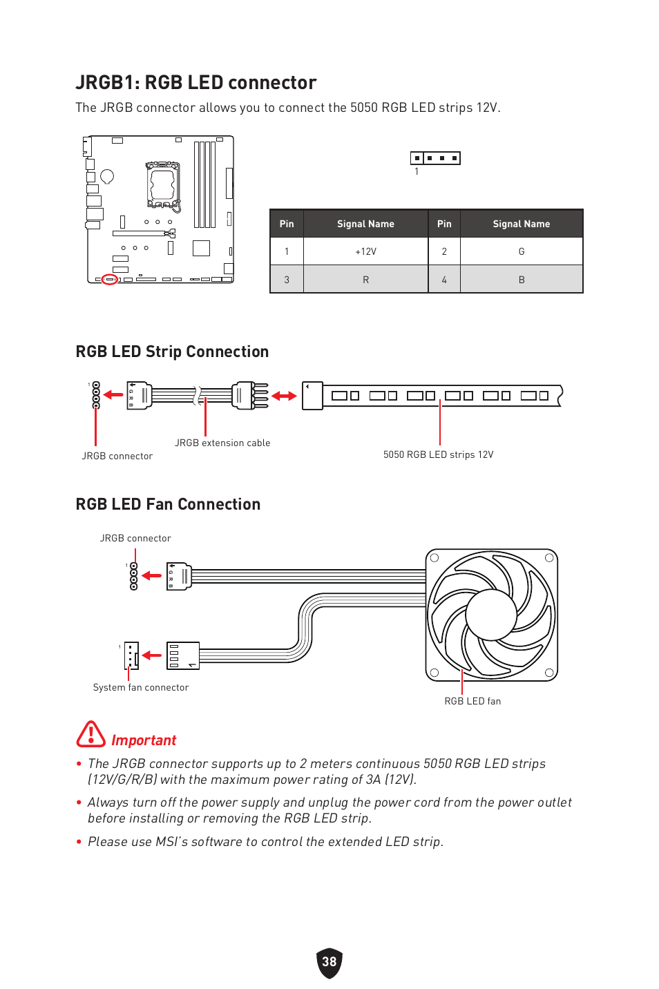 Jrgb1: rgb led connector, Rgb led strip connection, Rgb led fan connection | Important | MSI PRO B760M-P DDR4 LGA 1700 Micro-ATX Motherboard User Manual | Page 40 / 386