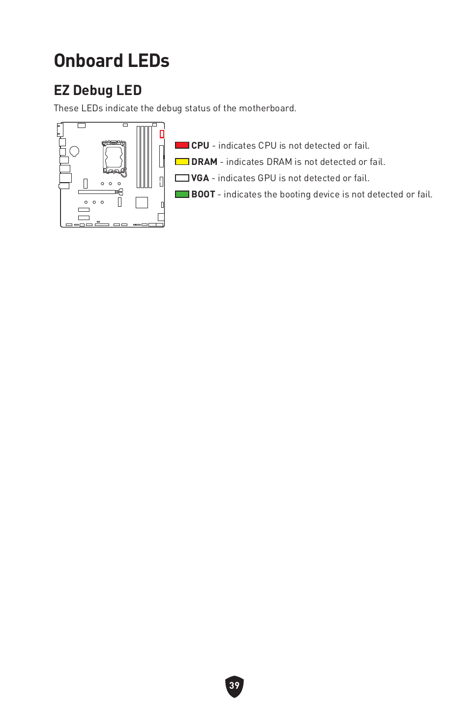 Onboard leds, Ez debug led | MSI PRO B760M-P DDR4 LGA 1700 Micro-ATX Motherboard User Manual | Page 41 / 386