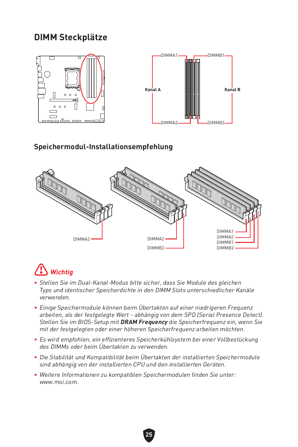 Dimm steckplätze, Speichermodul-installationsempfehlung | MSI PRO B760M-P DDR4 LGA 1700 Micro-ATX Motherboard User Manual | Page 74 / 386