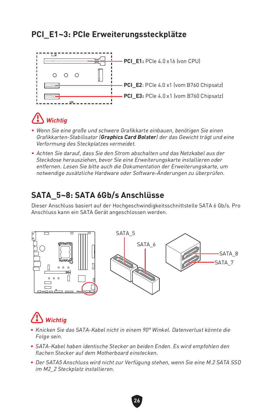 Pci_e1~3: pcie erweiterungssteckplätze, Sata_5~8: sata 6gb/s anschlüsse | MSI PRO B760M-P DDR4 LGA 1700 Micro-ATX Motherboard User Manual | Page 75 / 386