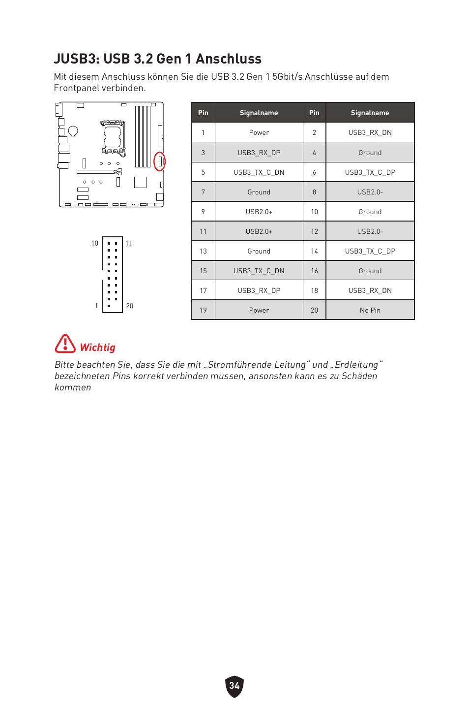 Jusb3: usb 3.2 gen 1 anschluss, Wichtig | MSI PRO B760M-P DDR4 LGA 1700 Micro-ATX Motherboard User Manual | Page 83 / 386