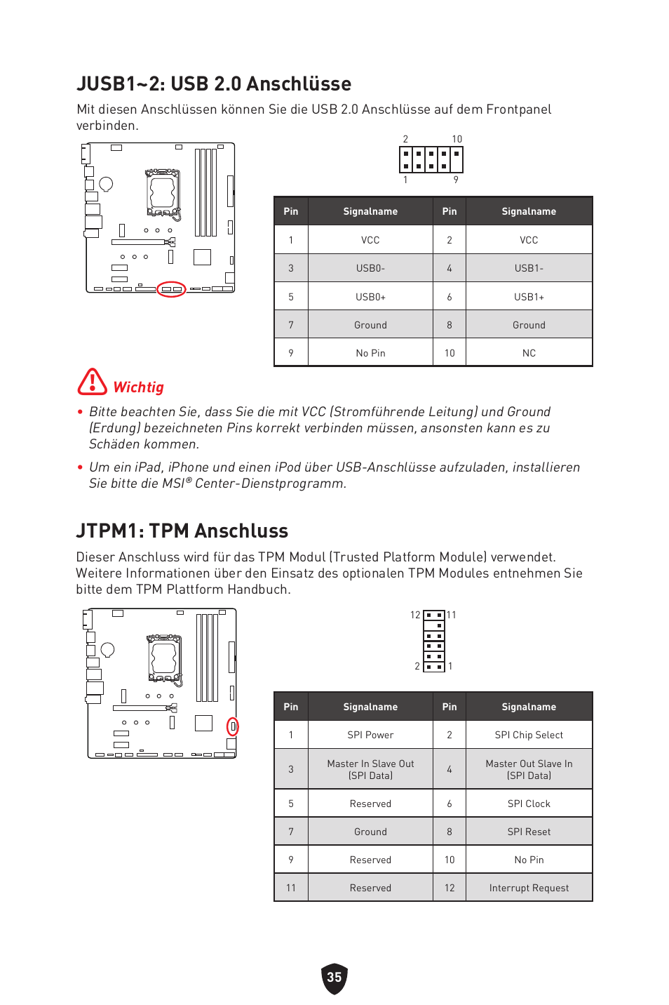 Jusb1~2: usb 2.0 anschlüsse jtpm1: tpm anschluss, Jusb1~2: usb 2.0 anschlüsse, Jtpm1: tpm anschluss | Wichtig | MSI PRO B760M-P DDR4 LGA 1700 Micro-ATX Motherboard User Manual | Page 84 / 386