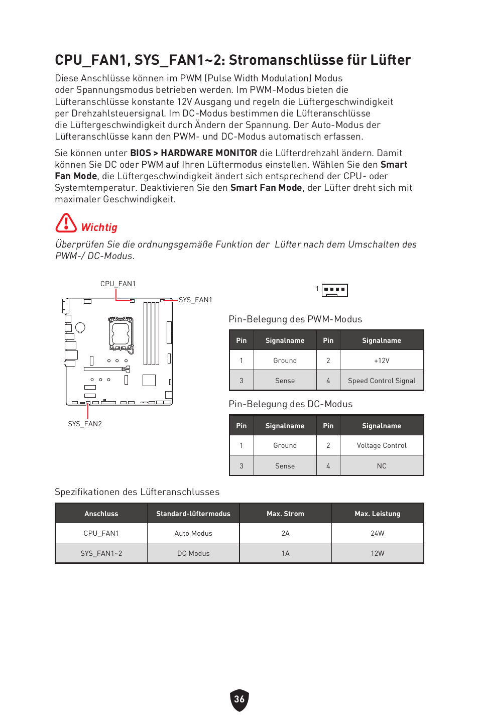 Cpu_fan1, sys_fan1~2: stromanschlüsse für lüfter, Wichtig | MSI PRO B760M-P DDR4 LGA 1700 Micro-ATX Motherboard User Manual | Page 85 / 386