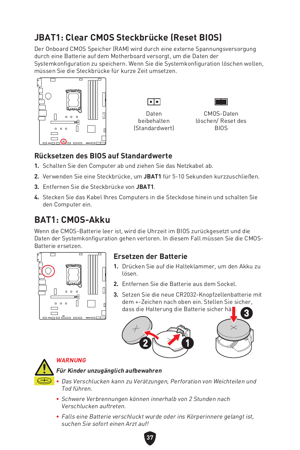 Jbat1: clear cmos steckbrücke (reset bios), Bat1: cmos-akku, Rücksetzen des bios auf standardwerte | Ersetzen der batterie | MSI PRO B760M-P DDR4 LGA 1700 Micro-ATX Motherboard User Manual | Page 86 / 386