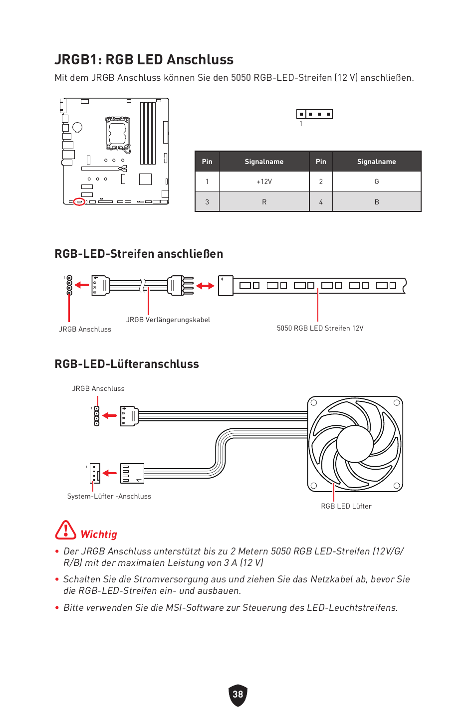 Jrgb1: rgb led anschluss, Rgb-led-streifen anschließen, Rgb-led-lüfteranschluss | Wichtig | MSI PRO B760M-P DDR4 LGA 1700 Micro-ATX Motherboard User Manual | Page 87 / 386