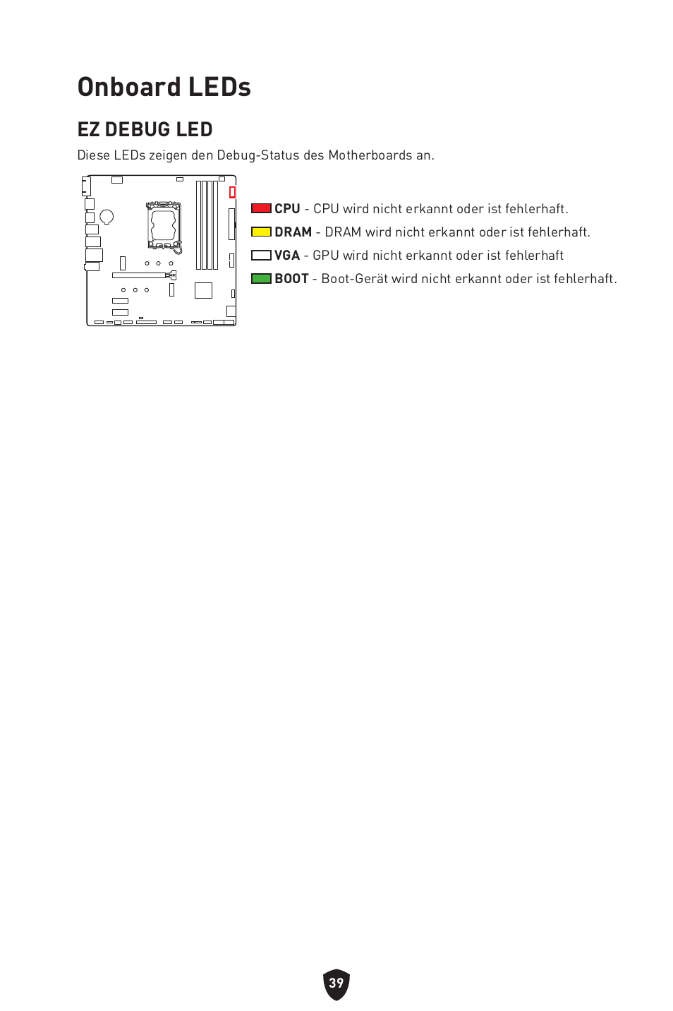 Onboard leds, Ez debug led | MSI PRO B760M-P DDR4 LGA 1700 Micro-ATX Motherboard User Manual | Page 88 / 386