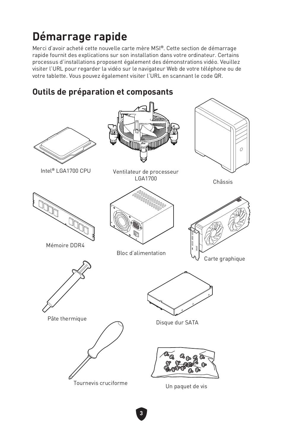Démarrage rapide, Outils de préparation et composants | MSI PRO B760M-P DDR4 LGA 1700 Micro-ATX Motherboard User Manual | Page 99 / 386
