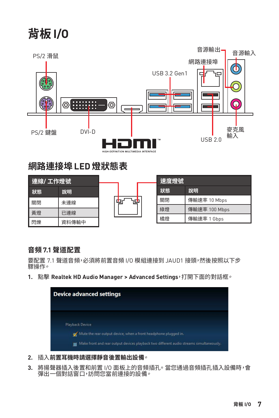 背板 i/o, 網路連接埠 led 燈狀態表 | MSI B450M-A PRO MAX AM4 Micro-ATX Motherboard User Manual | Page 127 / 165