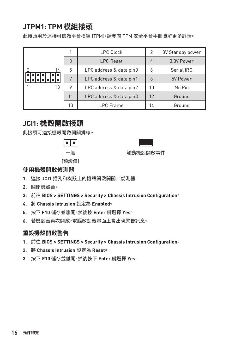 Jtpm1: tpm 模組接頭, Jci1: 機殼開啟接頭 | MSI B450M-A PRO MAX AM4 Micro-ATX Motherboard User Manual | Page 136 / 165