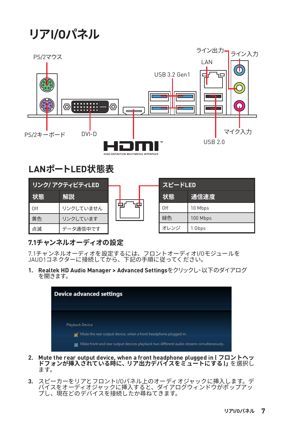 リアi/oパネル, Lanポートled状態表 | MSI B450M-A PRO MAX AM4 Micro-ATX Motherboard User Manual | Page 147 / 165