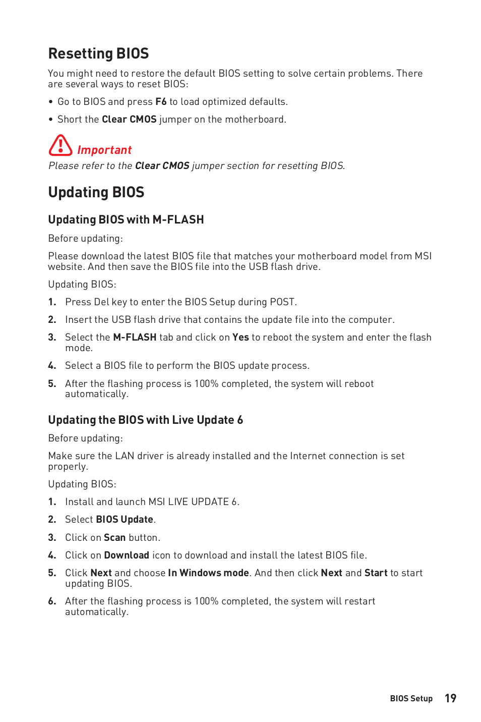 Resetting bios, Updating bios | MSI B450M-A PRO MAX AM4 Micro-ATX Motherboard User Manual | Page 19 / 165