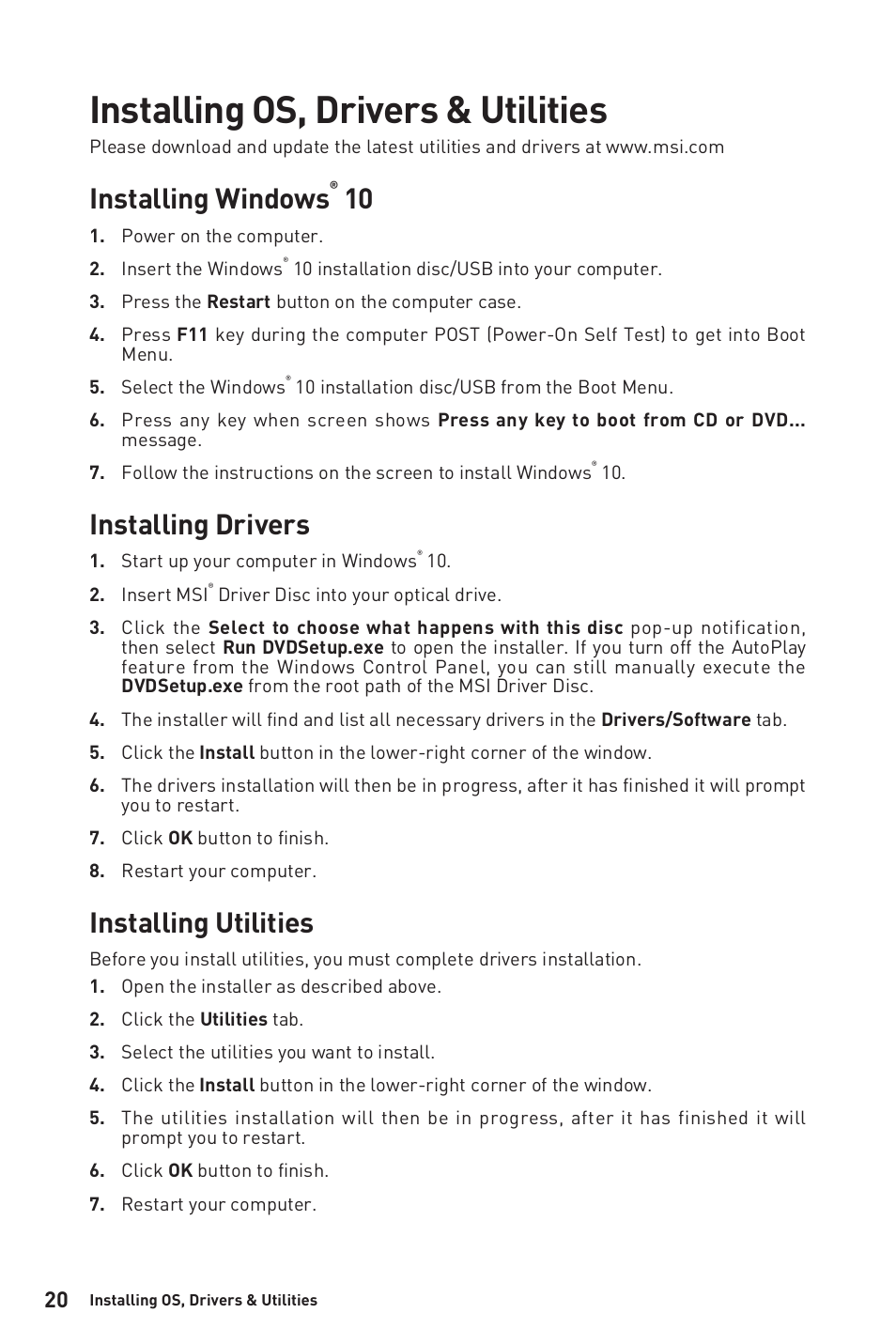 Installing os, drivers & utilities, Installing windows, Installing drivers | Installing utilities | MSI B450M-A PRO MAX AM4 Micro-ATX Motherboard User Manual | Page 20 / 165