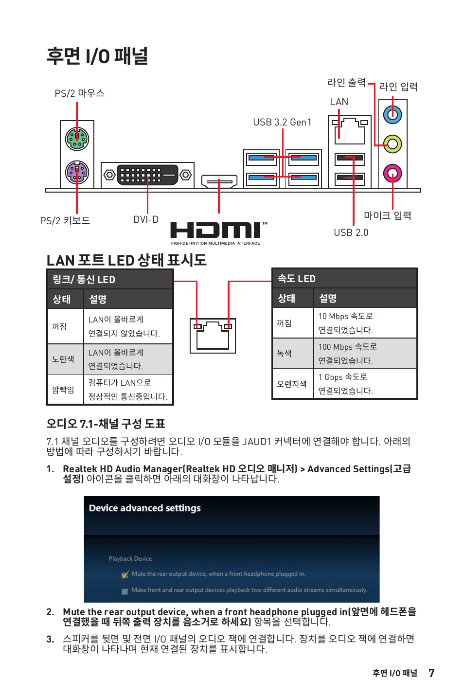 후면 i/o 패널, Lan 포트 led 상태 표시도 | MSI B450M-A PRO MAX AM4 Micro-ATX Motherboard User Manual | Page 27 / 165