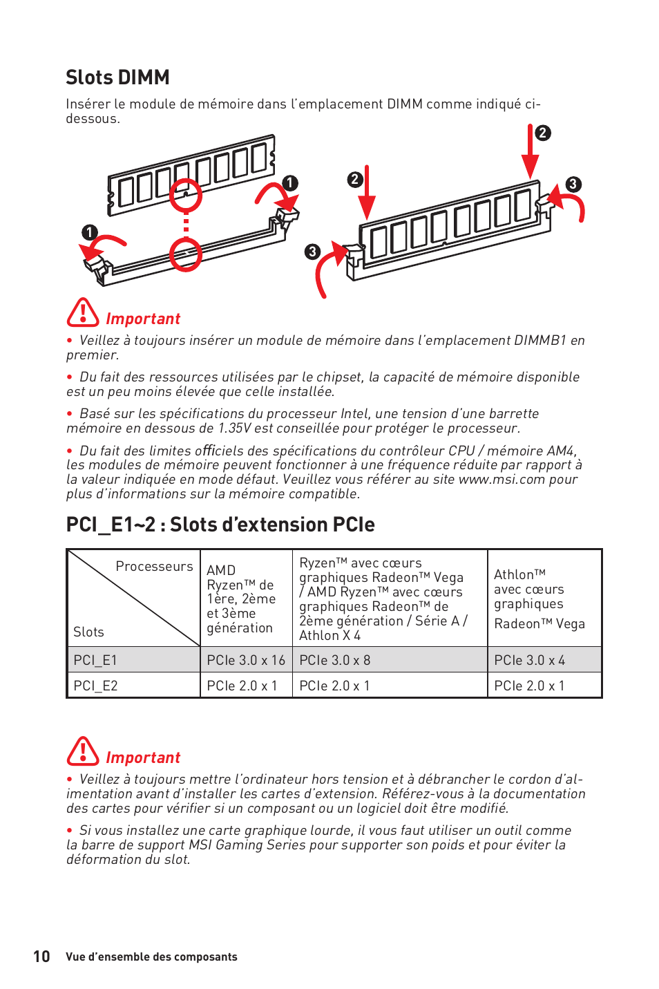 Slots dimm, Pci_e1~2 : slots d’extension pcie | MSI B450M-A PRO MAX AM4 Micro-ATX Motherboard User Manual | Page 50 / 165