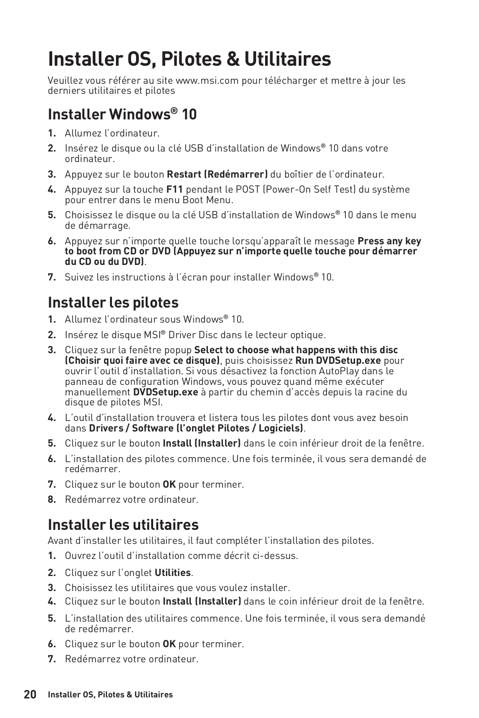 Installer os, pilotes & utilitaires, Installer windows® 10, Installer les pilotes | Installer les utilitaires | MSI B450M-A PRO MAX AM4 Micro-ATX Motherboard User Manual | Page 60 / 165